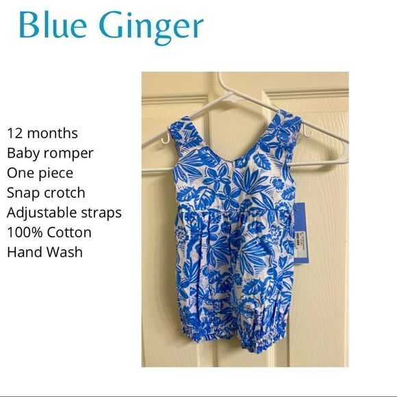 Baby Romper, Blue Ginger, Hawaiian Print, 12 mth, Cotton, Adjustable Straps - Picture 1 of 11